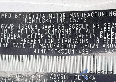 2012 Toyota Camry Se z USA, uszkodzony, nr VIN 4T1BF1FK5CU114381